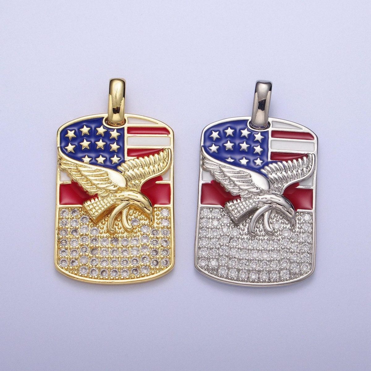 Gold/silver usa patriotic flag bald eagle tag pendant, 14k/white gold plated enamel american flag clear micro paved cz charm | h-614, h-677 - Image 2