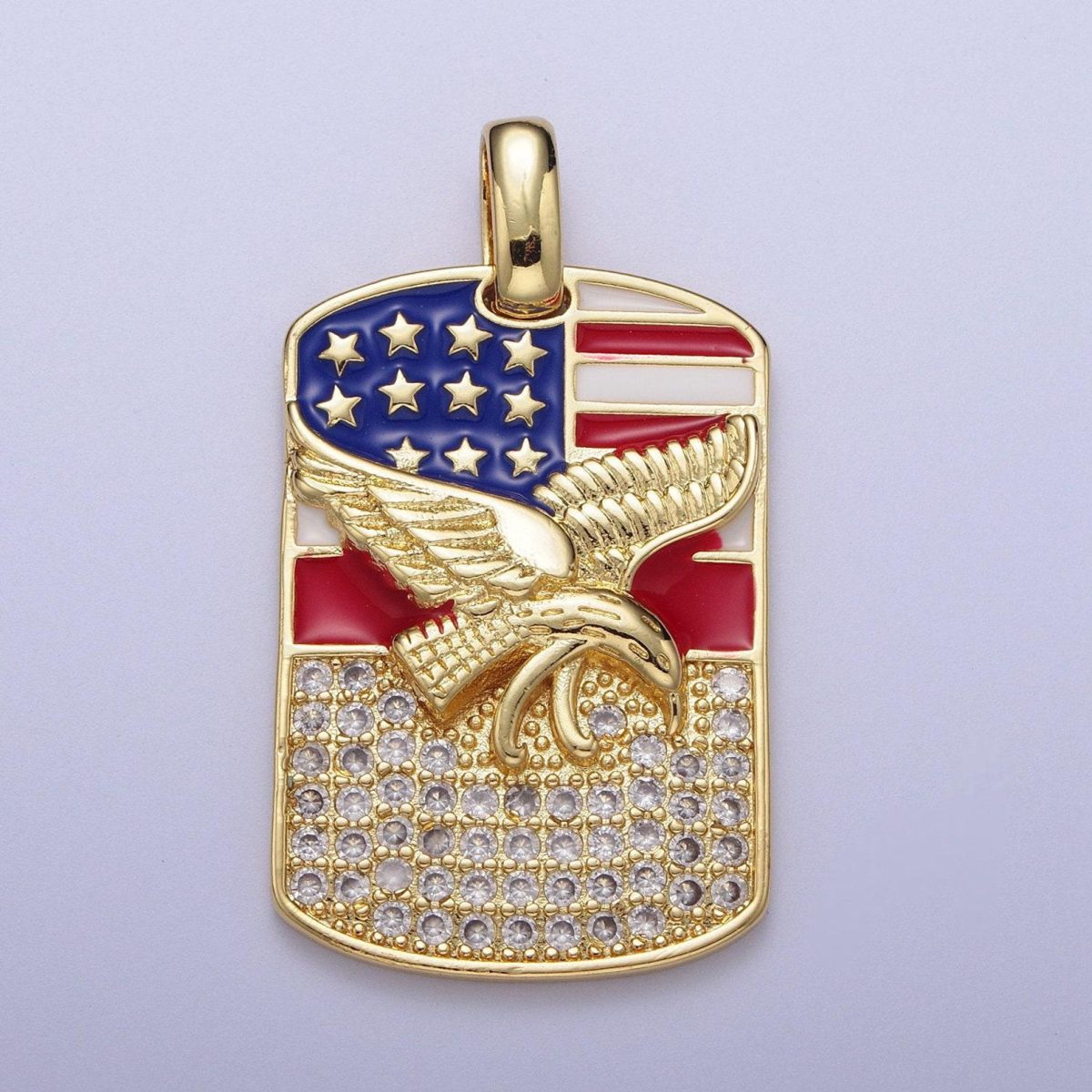 Gold/silver usa patriotic flag bald eagle tag pendant, 14k/white gold plated enamel american flag clear micro paved cz charm | h-614, h-677 - Image 3