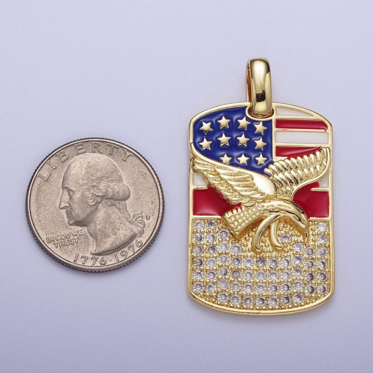 Gold/silver usa patriotic flag bald eagle tag pendant, 14k/white gold plated enamel american flag clear micro paved cz charm | h-614, h-677 - Image 5