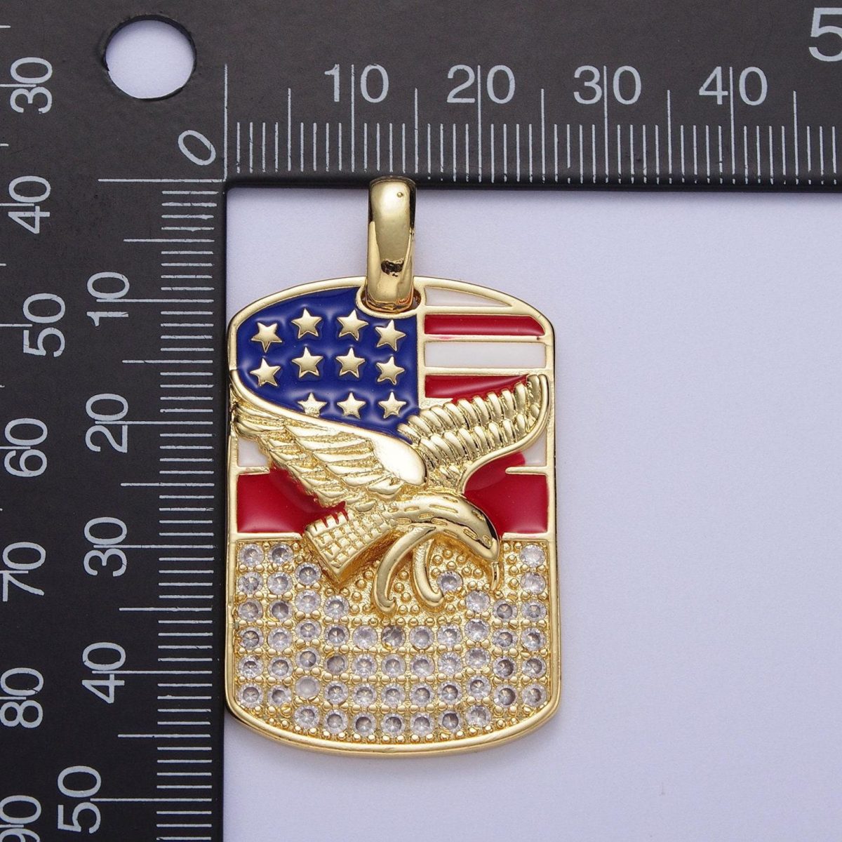Gold/silver usa patriotic flag bald eagle tag pendant, 14k/white gold plated enamel american flag clear micro paved cz charm | h-614, h-677 - Image 6