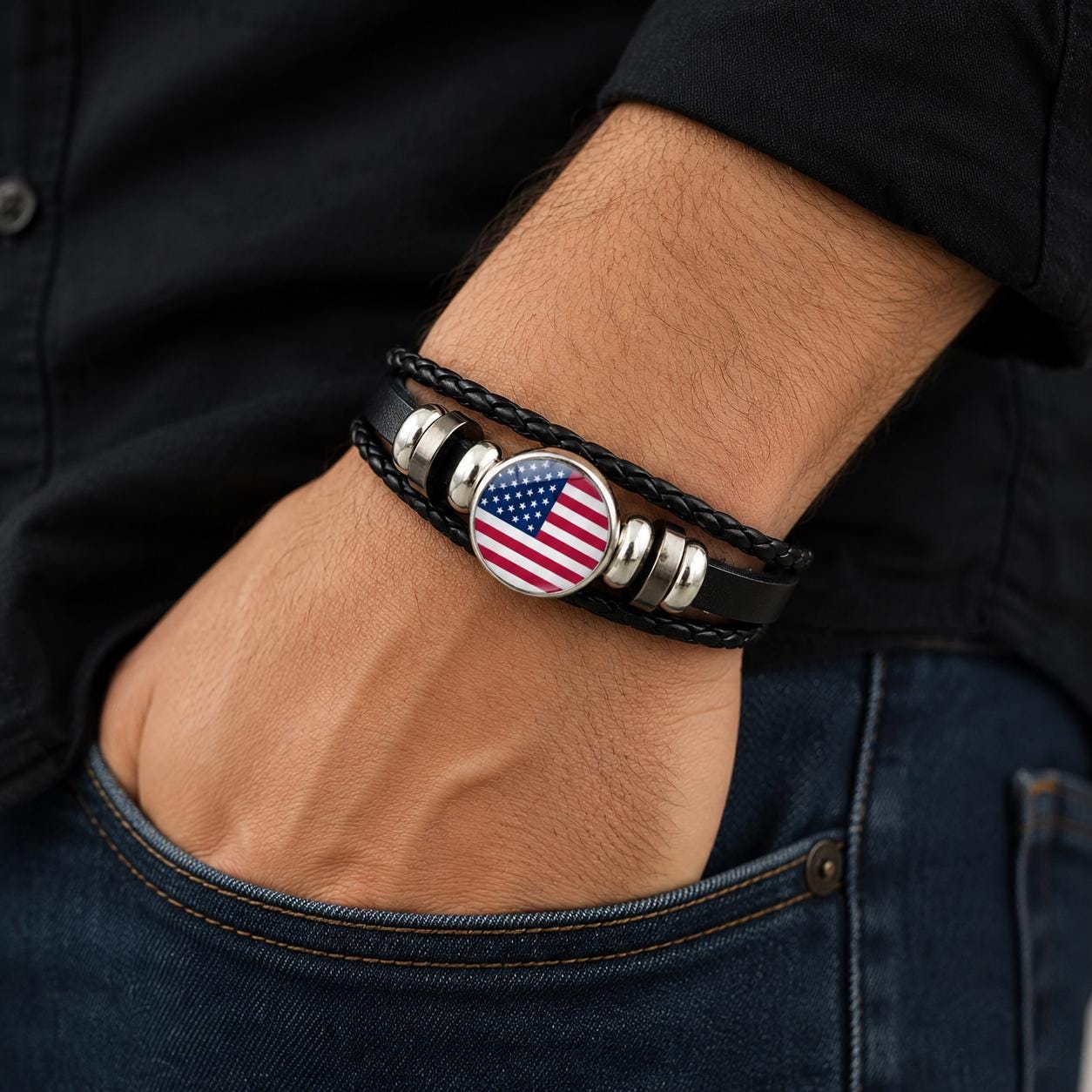 Leather Flag Bracelet, Adjustable Alloy Bead, Patriotic Souvenir-01 Multi-layer Braided Leather Flag Bracelet, Adjustable Alloy Bead, Patriotic Souvenir - Image 1
